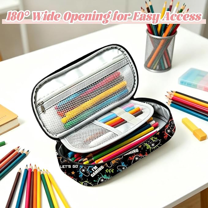 Game Pencil Case for Boys, Large Capacity Game Controller Kids Pencil Box with Zipper Compartments, Gamer Portable Pen Pouch Bag for Office School Travel