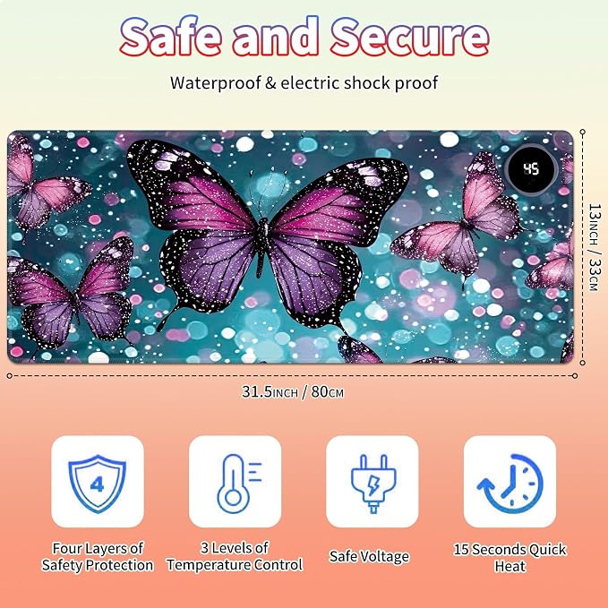 Heated Desk Pad Large Mouse Pad 31.5 x 13 inch with 3 Levels Heating & Auto Shut-Off Warm Mouse pad PU Leather Computer Mousepad for Home Office Work - Green Glitter Butterflies