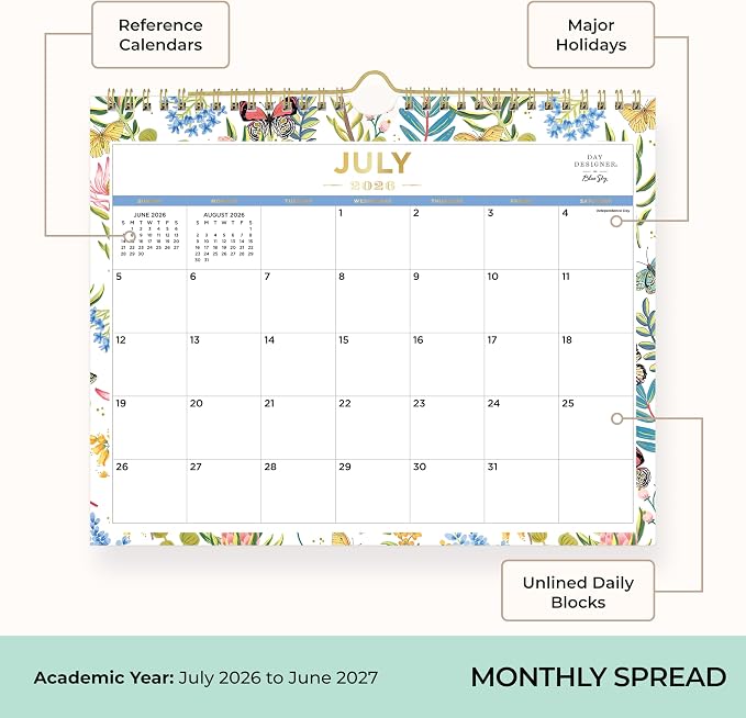 Blue Sky 2026-2027 Monthly Academic Wall Calendar, 11"x8.75", Flutter | July 2026 - June 2027, Durable Twin Wire Binding, For Office And Classroom, Academic Year, Day Designer