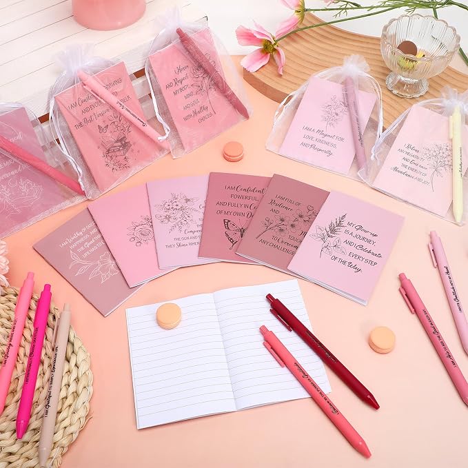 Mooliwe 24 Pcs Positive Affirmation Gift Set Gratitude Notebooks with Pens Small Bags Motivational Encouragement Notepads Daily Affirmations Journal for Women Stress Relief Self Care (Pink)