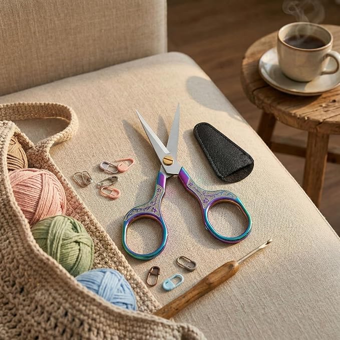 Rainbow Iridescent Scissors for Lace Wigs, 5 Inch Vintage Sharp Embroidery Snips for Needlepoint, Beautiful Metal Sewing Scissors for Fabric & Crafts, Ornate Pattern Scissors with Leather Sheath