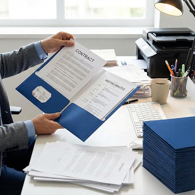 Zzrywuty File folders with Pockets,Blue Two folders for documents,100 Pack Paper Folders with Card Slot,Letter Size,School Students,Business,Home and Office Workers