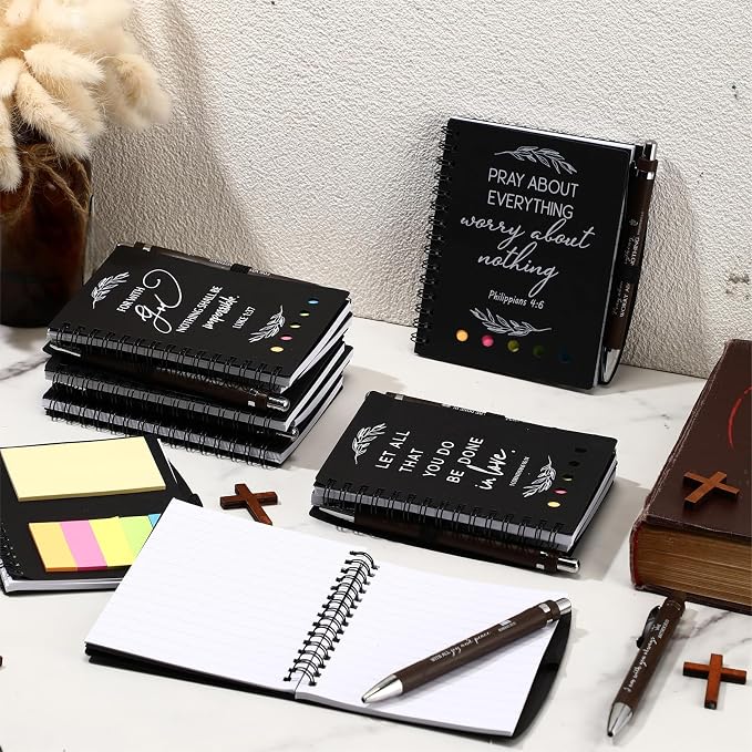 Kosiz 100 Pcs/ 50 Set Christian Gift Bulk Bible Verse Bamboo Pen Spiral Bible Notebook with Notes Religious Basket Stuffers for Back to School Teacher Church Members Coworker (Black)