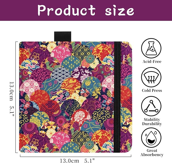 5x5 Handy Portable Handmade Cloth Fabric Hardcover Sewing Binding Travel Watercolor Paper 140LB/300gsm 20Sheets/40Pages Journal Mixed Media Pad Sketchbook. Japanese-Style Motifs