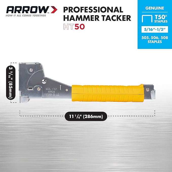 Arrow HT50 Heavy Duty Hammer Tacker, Chromed-Steel Manual Stapler with Sure-Grip Handle, Dual-Capacity Rear-Load Magazine, Fits 5/16”, 3/8", or 1/2" Staples (Pack of 4)