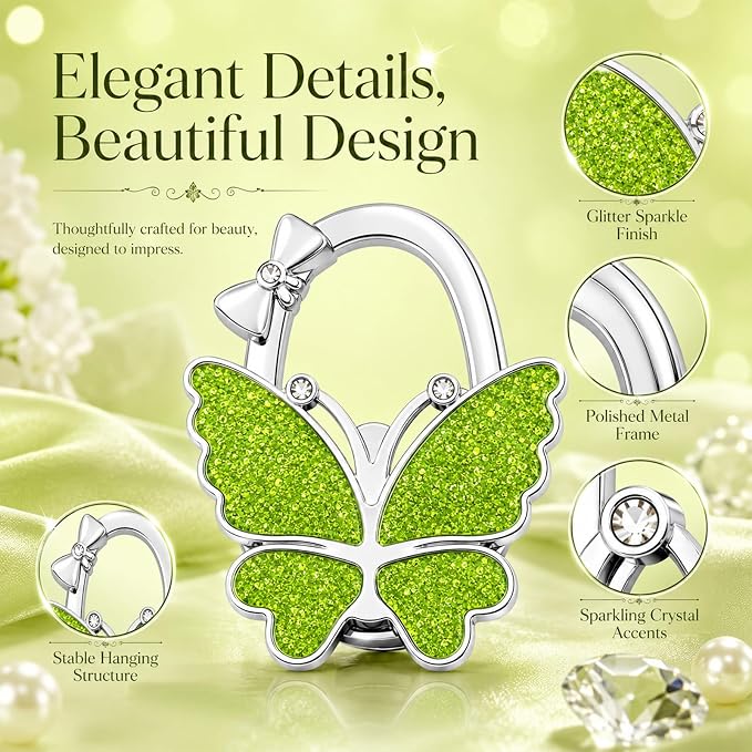 Purse Hook for Table, Foldable Handbag Hanger for Women, Portable Bag Holder with Non-Slip Base, Cute Green Butterfly Purse Table Hook for Restaurant Office Travel Gift