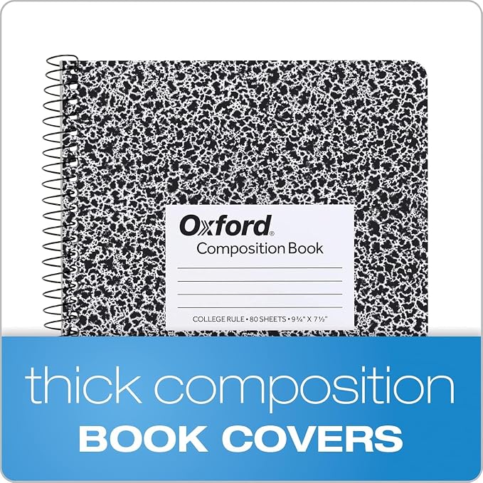 Oxford Spiral Composition Notebooks, 4 Pack, College Ruled Paper, 9-3/4 x 7-1/2 Inches, 80 Sheets, Black Marble Cover (64951)