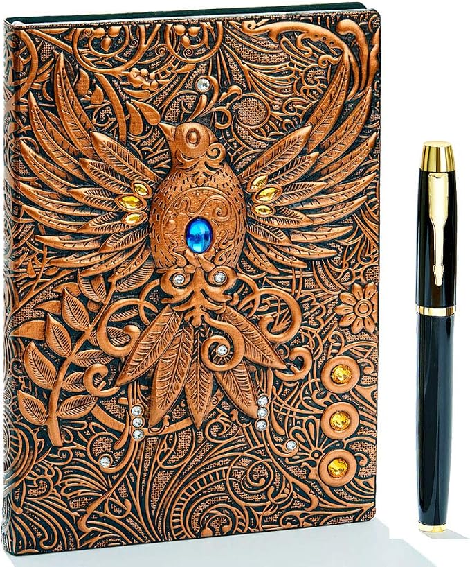 Vintage 3D Phoenix Embossed Leather Writing Journal with Golden Pen Set,A5,200Pages,Antique Handmade Daily Notepad Sketchbook,Travel Diary&Notebook to Write in,for Women Men (Red Bronze)