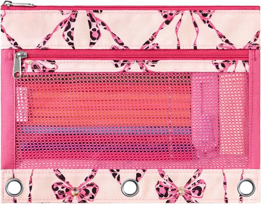 WAWSAM Bow Pencil Pouch for 3 Ring Binder, Zipper Pencil Pouches for Girls | 2 Pocket Clear Window Pencil Case, 3 Ring Pencil Pouch for School Supplies, Pencil Bags for Office College