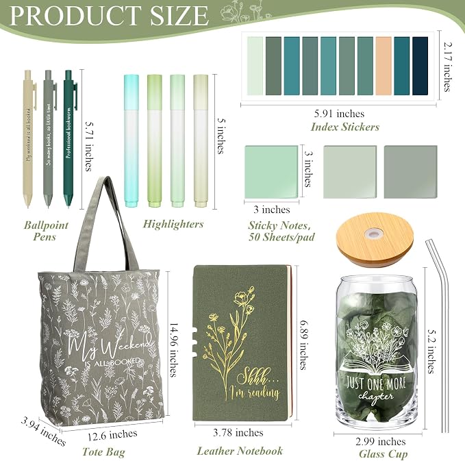 Havawish 14 Pcs Book Lovers Gift for Women 16 oz Glass Cup Tote Bag A6 Journal Notebook Pens Highlighters Sticky Notes Back to School Teacher Librarian Bookish Book Club(Light Green,White Flowers)