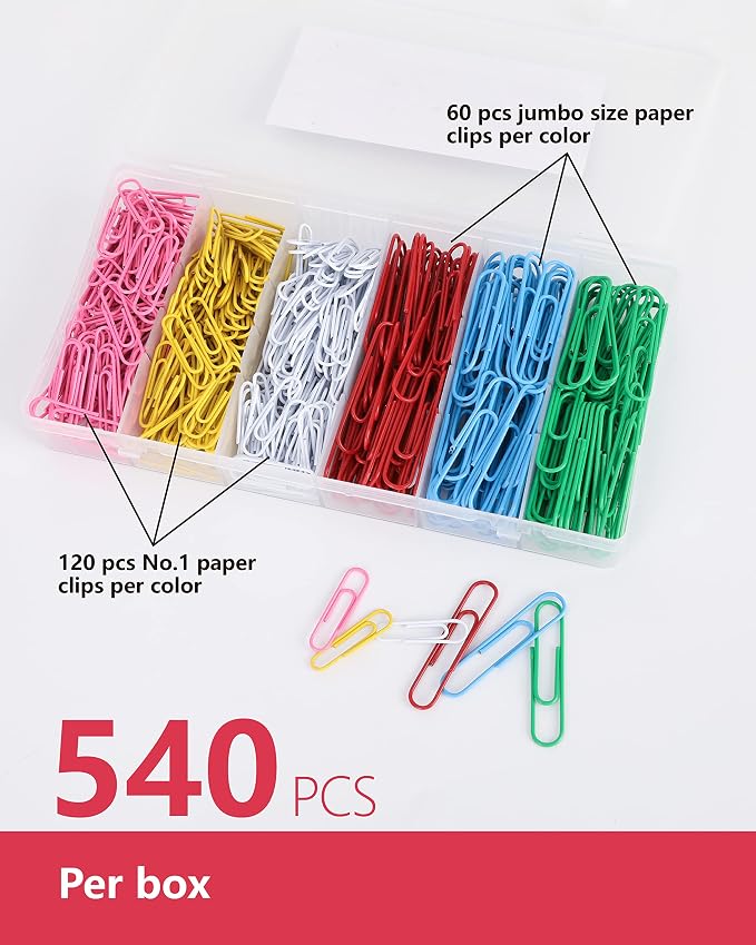 PAPERPAL Paper Clips, 2 in (50 mm) & 1-2/7 in (33 mm), 540, Assorted Colors | Vinyl-coated large and medium paper clips for office, school and personal use; 180 jumbo, 360 #1, 6-compartment box.