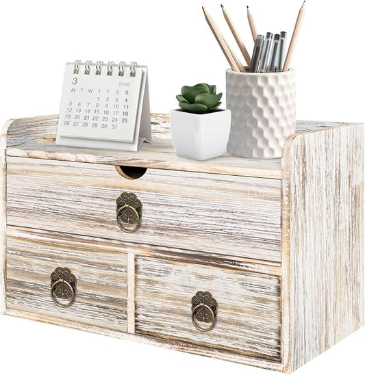 Wood Desk Organizer with Drawer, Vintage Brown Wooden Desktop Organizer, Tabletop Storage Organization Box for Countertop, Home Office Supplies, 13.5x6.6x8.2 Inch(3 Drawer and Shelf)
