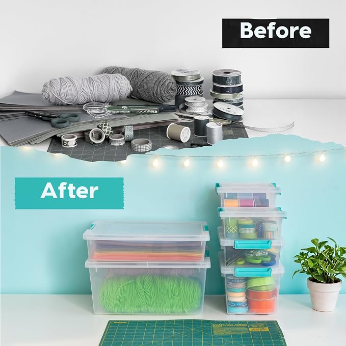 IRIS USA 2 Qt. Craft Storage Bins with Lids, 6-Pack, |Made in USA|, Clip Box, Small Plastic Sensory Bin Tote Organizer Containers for Art Supplies, Paper, & Office, Stackable - Clear/Seafoam Blue