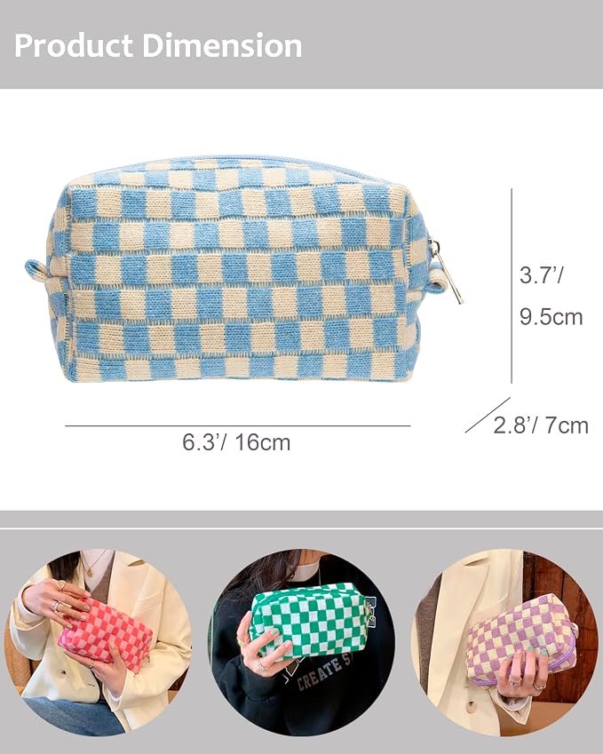 Checkered Makeup Bag for Purse, Small Cosmetic Pouch,Blue Beige,2 Pack | Cute Zipper Makeup Organizer for Women, Travel Essentials, Toiletries, Makeup Brushes, Beauty Accessories&Bridesmaid Gifts