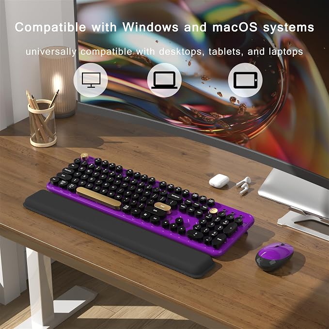 MPTOG Colorful Wireless Computer Keyboard and Mouse Combo with Round Typewriter Keycaps, Retro Design, Power Switch, Ergonomic Design, 2.4GHz Wireless for Windows, Mac, PC(Black-Purple)