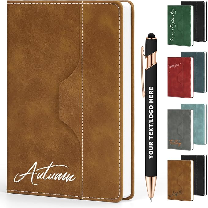 ENOMY Personalized Notebook Set Custom A5 Journal UV Printing Personalized Journal with 10 PC Metal Pens for College Birthday Travel Business Gift, Brown