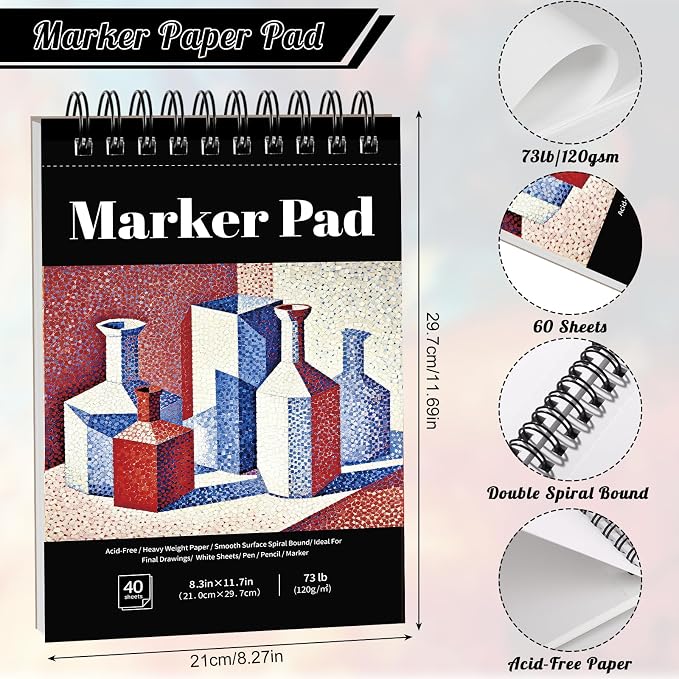 A4 Marker Paper Pad, 40 Sheets, 8.3 × 11.7 in, 120gsm, Spiral Bound | Bleed-Resistant Acid-Free Paper, Smooth for Alcohol Markers, Tear-Out Pages, Lays Flat, for Sketching And Coloring