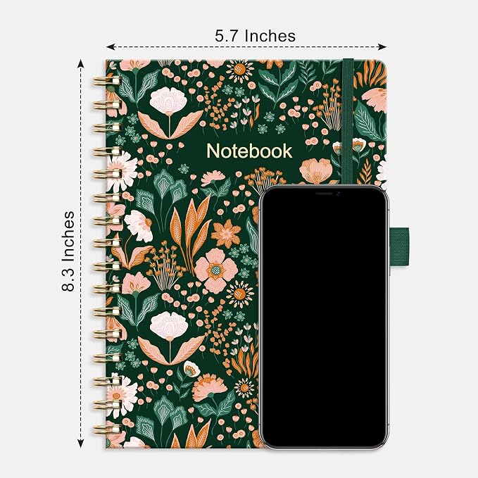 AHGXG Spiral Journal Notebook, 160 Lined Pages, A5 Medium Size (5.7'' x 8.3''), for Women, Journaling, Writing, Work & Office, Hardcover, 100 GSM Thick Paper (Emerald Bloom)
