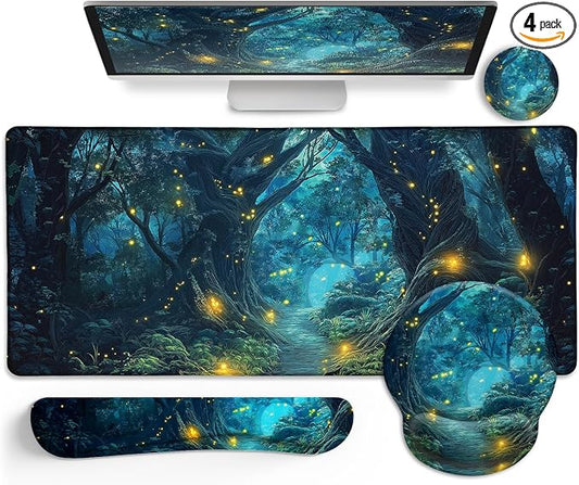 LIMKRIAN Mouse Pad with Wrist Rest, Firefly Forest Computer Desk Mat Set | Ergonomic Wrist Rest for Computer Keyboard, Large Mouse Pads for Desk Gaming, Cute Aesthetics Home Office Desk Accessories