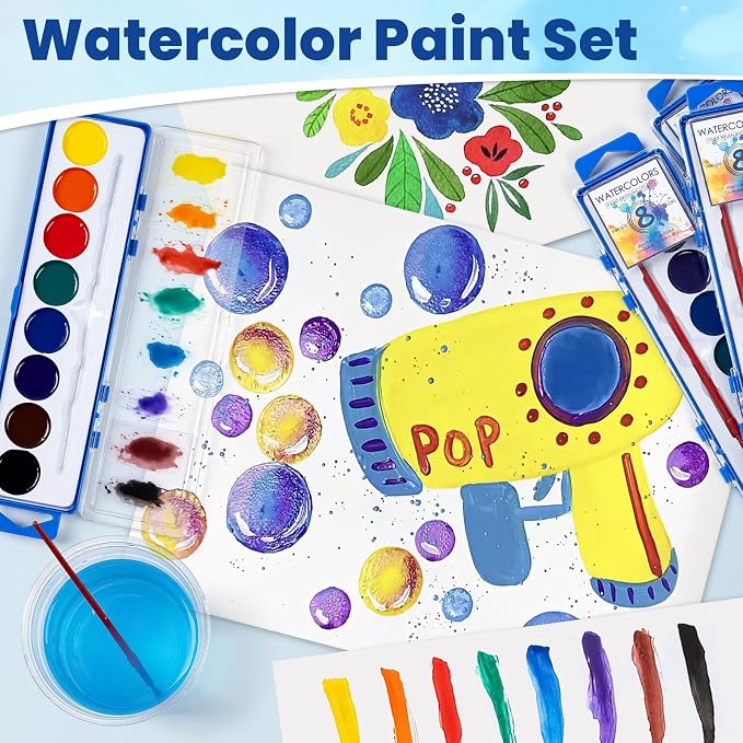 36 Pack Watercolor Paint Set, Washable Watercolor Paint Bulk for Kids, Water Color Paint with Paint Brushes, Ideal Gifts for Party Favors, School Supplies & Classroom Prizes, Art Activities, 8 Colors
