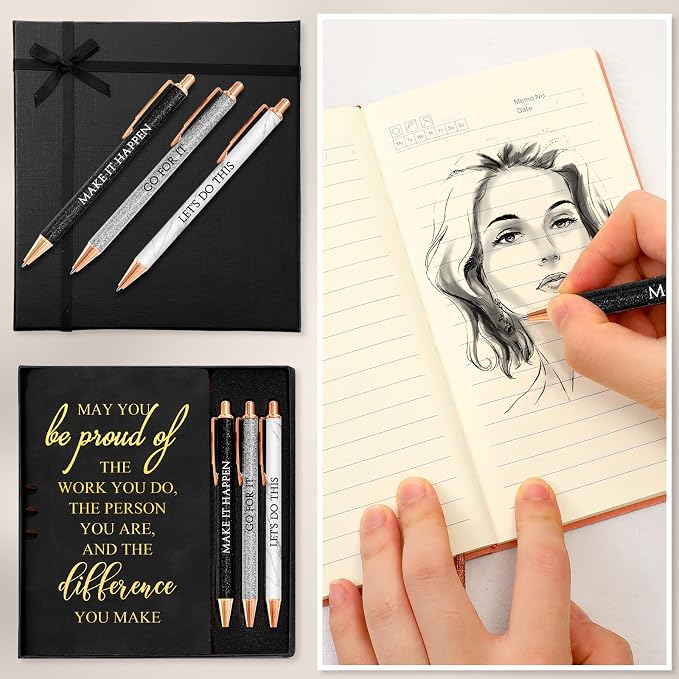 Resurhang 5 Pcs Employee Appreciation Gift Leather Journal Notebook 3 Ballpoint Pens with Box Thank You Back to School Gift for Teacher Boss Nurse Assistant Coworker Women(Black)