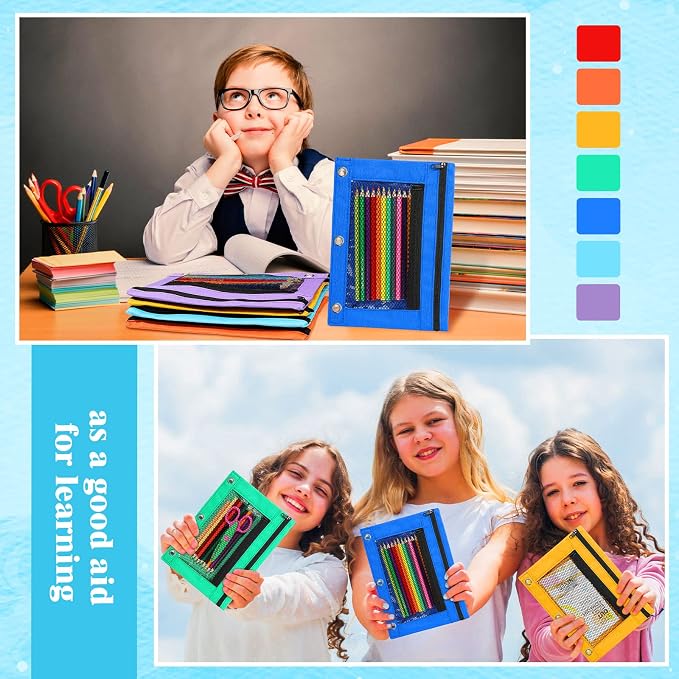 Zhehao 100 Pcs Zipper Binder Pencil Pouches:3 Ring Binder Pencil Pouches with Zipper Window Bulk Clear Pen Bags Case for Office School Classroom Supplies(Double Layer with Mesh Layer,7 Colors)