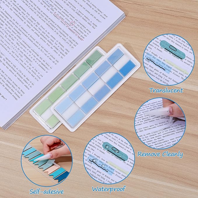BAYTORY 1800Pcs Transparent Sticky Tabs, 2Pcs Double Marker Pens | See Through Clear Label Stickers, Self-Adhesive Translucent Index Tabs, Sticky Notes for Bible Accessories (Gradient Colors)
