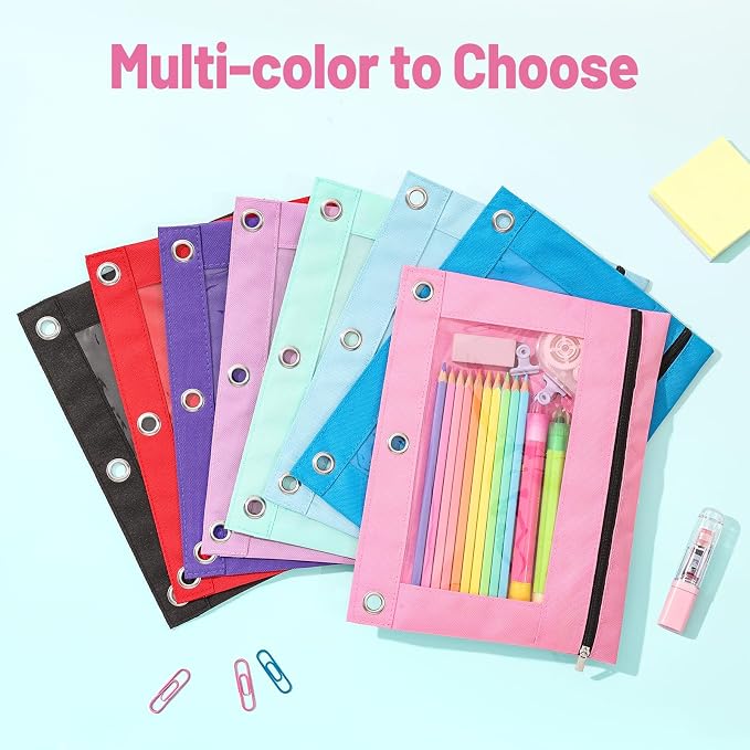 SUNEE Pencil Pouch for 3 Ring Binder, Large Zipper Pencil Case with Clear Window, 3 Reinforced Grommets, Binder Accessories for School and Office Supplies Storage, Lavender