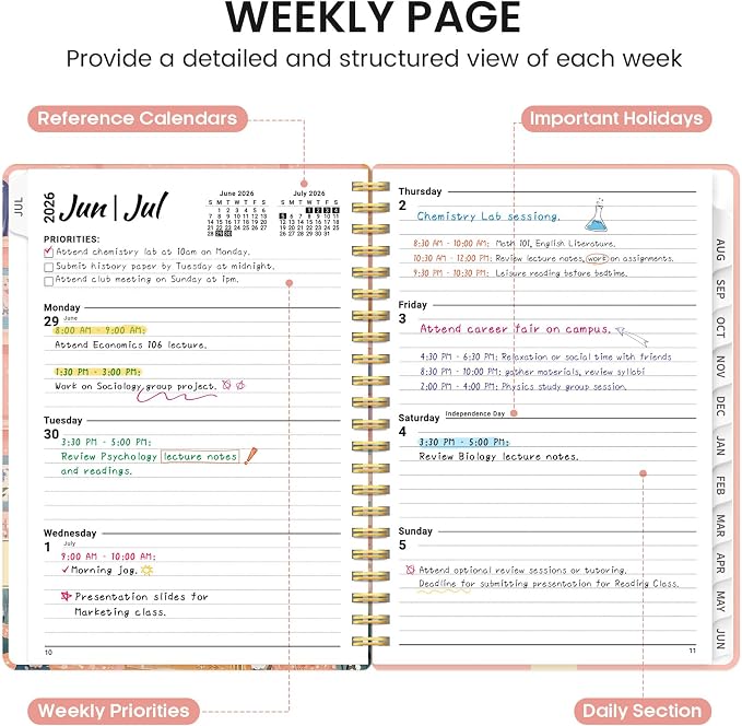Planner 2026-2027, Academic Monthly and Weekly Calendar Planner for Women, July 2026 - June 2027, Hardcover Pretty Agenda Planner Book with Tabs, Spiral Daily Organizer for School Office Home Supplies, 8.5" x 11" - Bookish Kitty