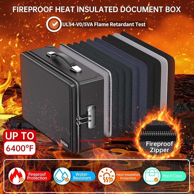DocSafe 6400°F Fireproof Document Box with Lock, 10 Layers Heat Insulated | Fire&Water Resistant, Hard Case Safe Box with Zipper＆Multi Pockets, Protects Personal Items,Documents,Laptop,Passport, Black
