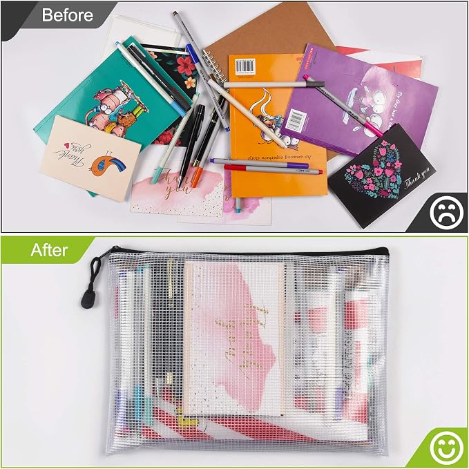 A5 Mesh Zipper Pouch Bag, 6PCS Waterproof Plastic Mesh Zipper Bag, Black | 9.4×7.1 Inch Tear-Resistant Document Pouch, Zip File Bags for School Classroom Office Supplies Home Bikini Travel Storage