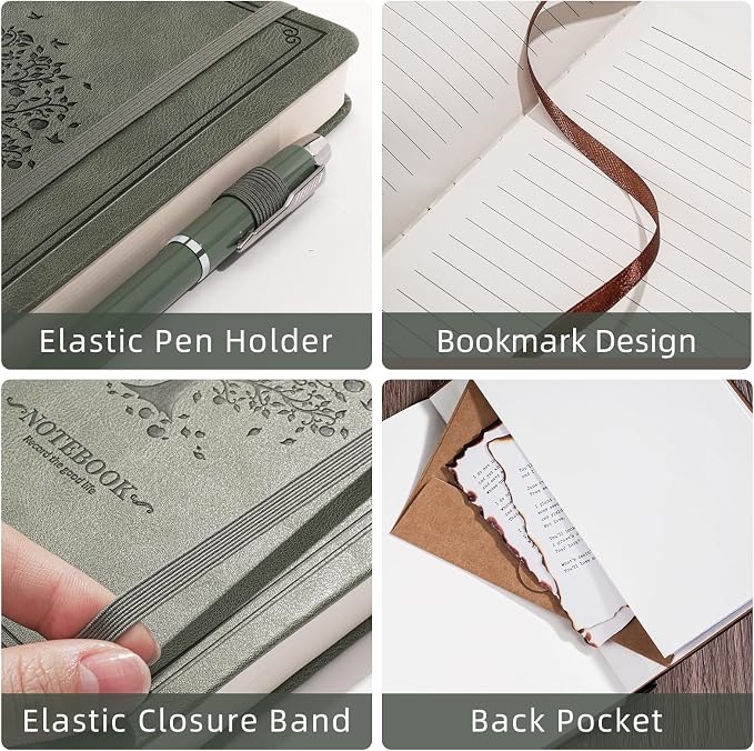 Lined Notebook with Gift Box for Women Men 320 Pages A5 Hardcover Leather with Pen Holder College Ruled Journals for Work Note Taking Travel School Green