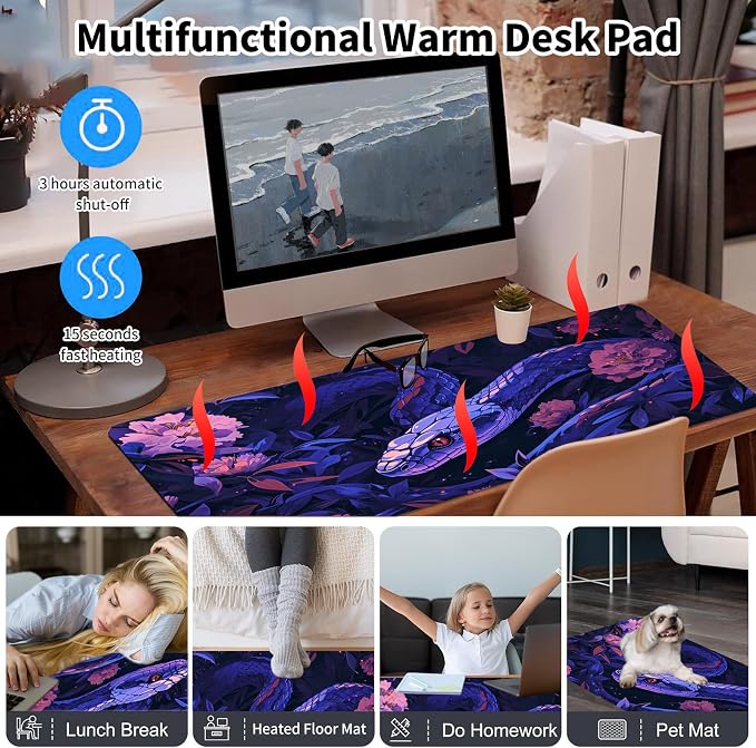 Warm Desk Pad,Heated Desk Pad,Office Mat,3 Heating Levels & 3 Hours Auto Shut-Off,31.5"*13" Gaming Mouse Laptop Keyboard Leather Desk Mat,Purple Snake Flower