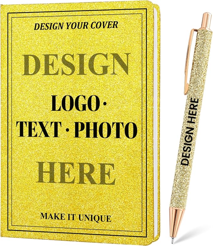 Custom Notebook and Pen Set - Personalized Cover with Logo/Text/Photo, Glitter Design & Rose Gold Accents, Customizable Journal with Matching Pen for Gifts/Office/School, Make It Unique, Gold