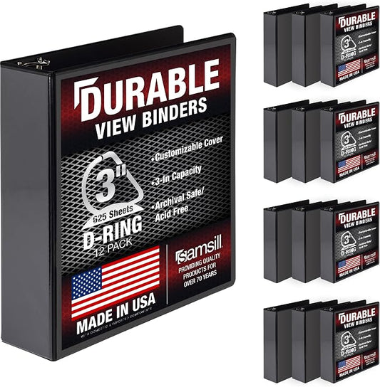 Samsill Durable 3 inch 3 Ring Binder, D Ring Binder, 100% Recycled Chipboard, Black, 12 Pack