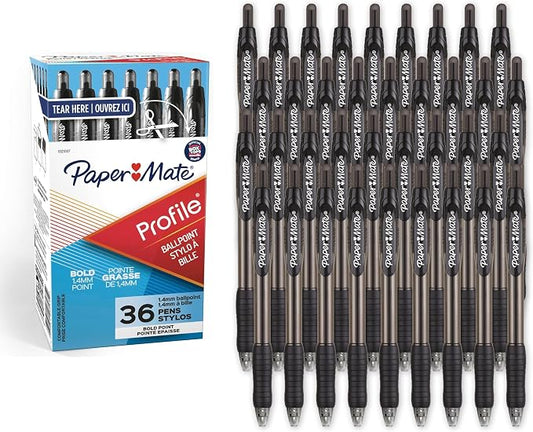 Paper Mate Profile Retractable Ballpoint Pens Bold Point (1.4mm) Black,36 Count (Pack of 6)