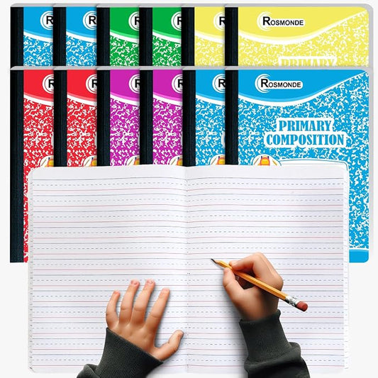 Rosmonde Composition Notebooks Primary Ruled 12 Pack, K-2, Color Marble | Primary Composition Notebook, 200 Pages (100 Sheets), 9-3/4" x 7-1/2", Grades K-2, Writing Journal, Dotted Lined, Hard Cover