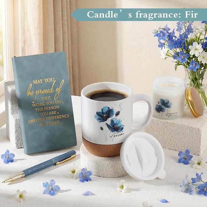 Sayglossy 4 Pcs Thank You Gifts Set for Women Back to School Teacher Appreciation Gift Leather Notebook Blue Flower Coffee Mug Scented Candle Ballpoint Pen for Employee Coworker DSP Housekeeping Week