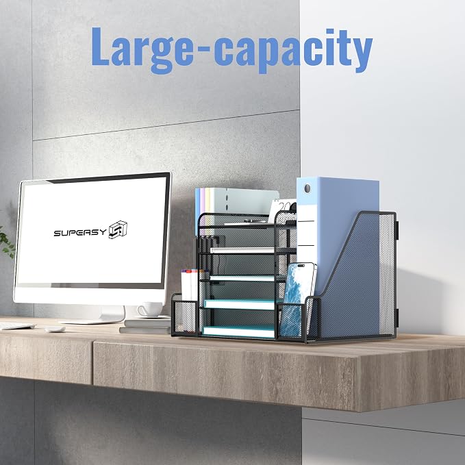 5-Tier Desk Organizer with Paper Trays, File Holders and Pen Holders, Black | Paper Organizer for Desk with 4 Sliding Paper Trays, Side File Holders and Pen Holders for Files, Books and Supplies