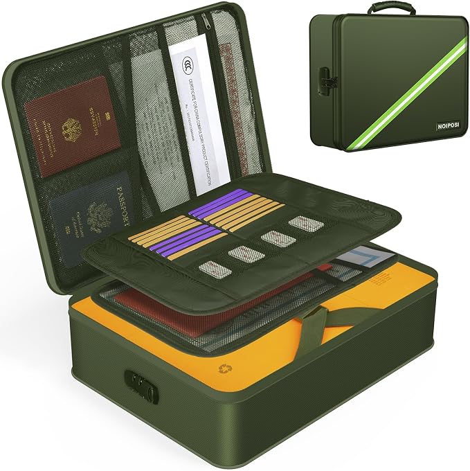 Noiposi 5200℉ Fireproof Document Box with Lock 16.1"x11.4"x4.3"- 8 Layers | Home ,Travel ,Strong, Water Resistant,Safe Storage Document Storage Organizer for Important Documents and File,Green