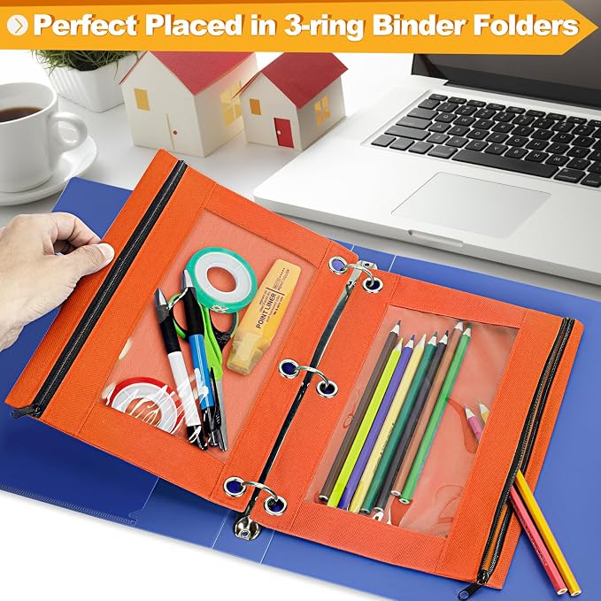 Pencil Pouch for 3 Ring Binder, 2 Pack Pencil Bags with Zipper, Orange Pencil Case for Classroom School Office Supplies, Large Sturdy and Durable Cloth Pencil Pocket for 3 Holder Binder