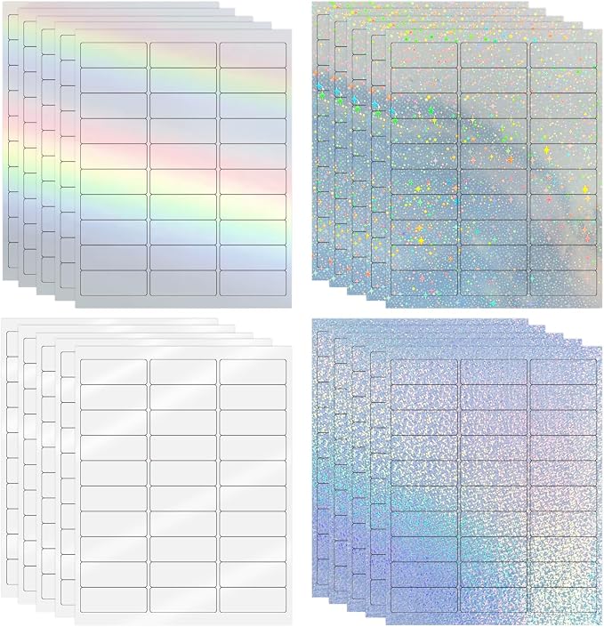 1" x 2-5/8" Address Labels - Holographic Shipping Labels Mailing Stickers for Laser/Inkjet Printer 8.5"×11"- Self-Adhesive Waterproof- Star, Rainbow, Dots, Transparent- 20 Sheets