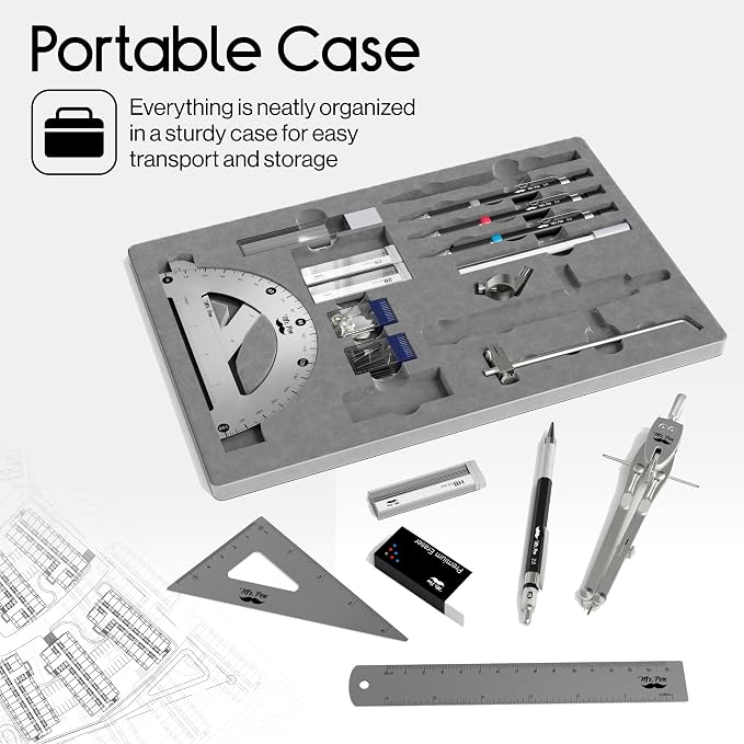 Mr. Pen- Professional Geometry Set, 17 pcs, Metal Compass | Mechanical Pencils, Rulers, Protractor & Set Squares, Lead Refills, Extra Screws & Needles, Drafting Kit for Math