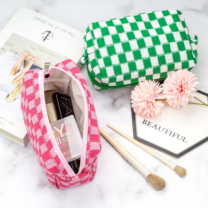 Checkered Makeup Bag for Purse, Small Travel Cosmetic Pouch,Hotpink,6 Pack | Cute Zipper Makeup Organizer for Women, Travel Essentials, Toiletries, Makeup Brushes, Beauty Accessories&Bridesmaid Gifts