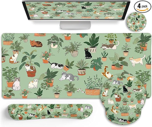 LIMKRIAN Cat Ergonomic Mouse Pad XXL Desk Mat Set, Green Desk Accessories | Mouse Pad with Gel Wrist Rest, Large Gaming Mousepad, Wrist Support Keyboard Mat , Coaster, Cute Office Desk Decor Women