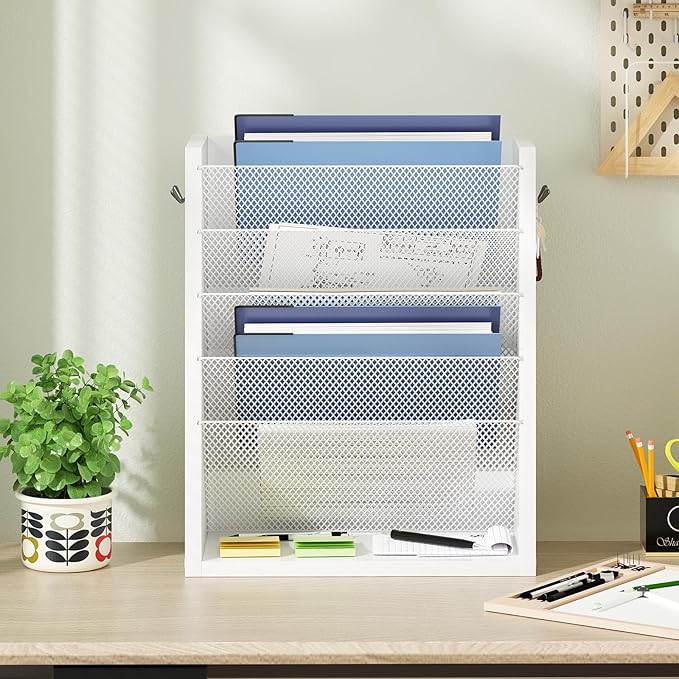 Creso hom Mail Organizer Wall Mounted, Mail Sorter with 2 Key Hooks, 6-Slot File Organizer for Wall or Desk, Wood Letter Holder Envelopes Bills Accessories for Home Office, White