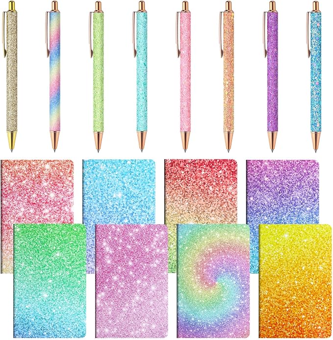 Sayglossy 16 Pack Glitter Pens and Notepads Set 8 Mini Glitter Pocket Notebooks 8 Fancy Sparkly Ballpoint Pens Stationery Gifts for Women Teacher Journaling School Office Supplies(Rainbow Color)