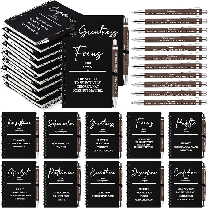 TecUnite 10 Sets Inspirational Spiral Notebooks with Bamboo Pens, Employee Appreciation Gifts for Teacher Nurse Police Correctional Officer Coworker, Graduation Thank You Notepad Journal Bulk (Black)