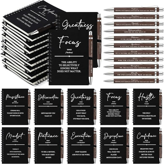 TecUnite 10 Sets Inspirational Spiral Notebooks with Bamboo Pens, Employee Appreciation Gifts for Teacher Nurse Police Correctional Officer Coworker, Graduation Thank You Notepad Journal Bulk (Black)