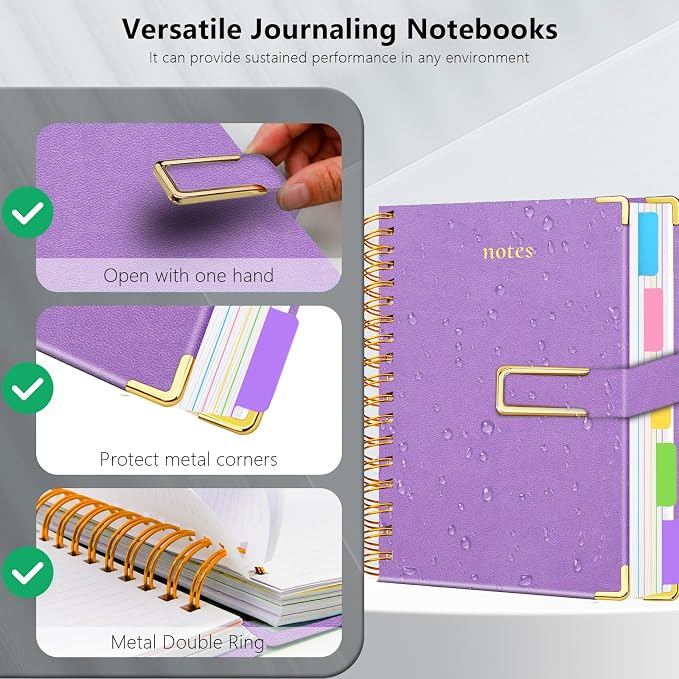 Hardcover Spiral Notebook College Ruled, 8.5"x11" Leather Journal Notebook with Magnetic Closure, 300 Pages 5 Subject Notebook with Dividers Tabs Journal for Women Men, Work, School(Lavender Purple)